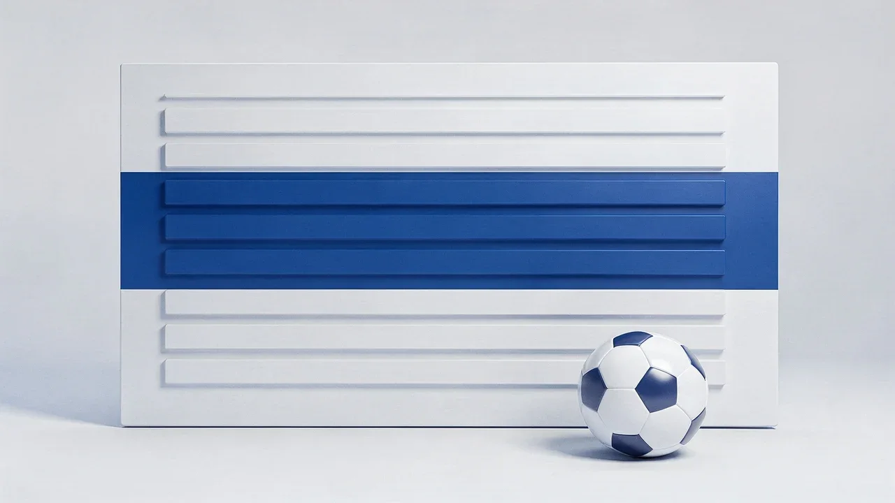 An abstract board of horizontal slots with a blue middle band and a blue-and-white football at the lower right.