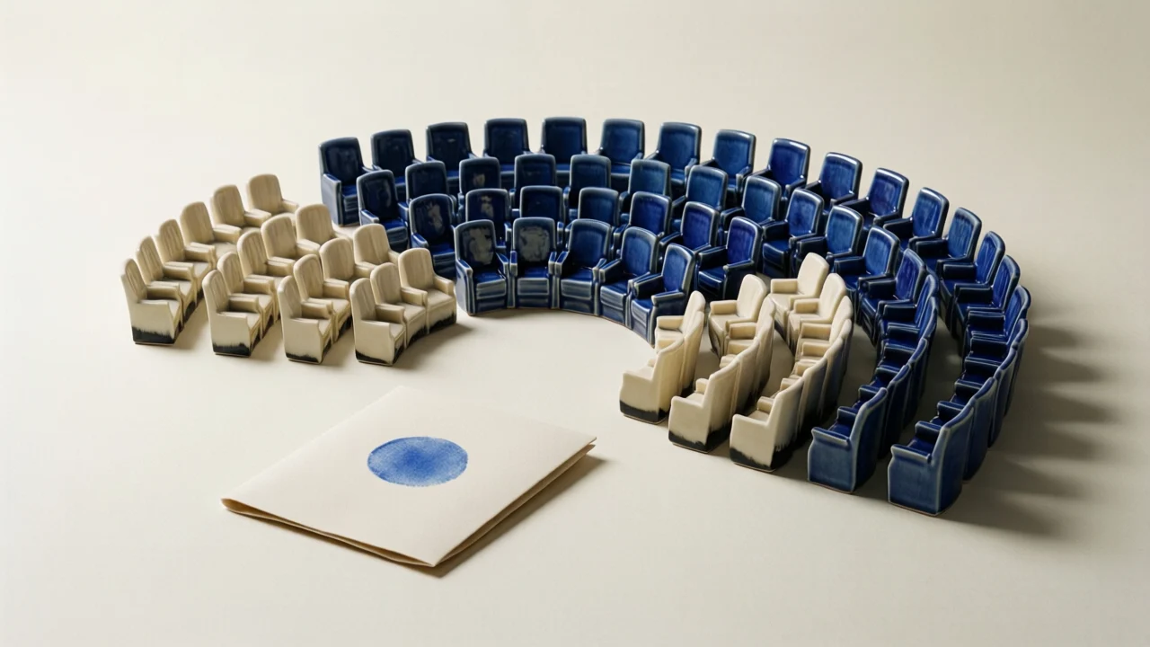 A semicircle of miniature ceramic seats, mostly deep blue with smaller ivory sections. A folded sheet of paper with a blue circular impression rests in the foreground.