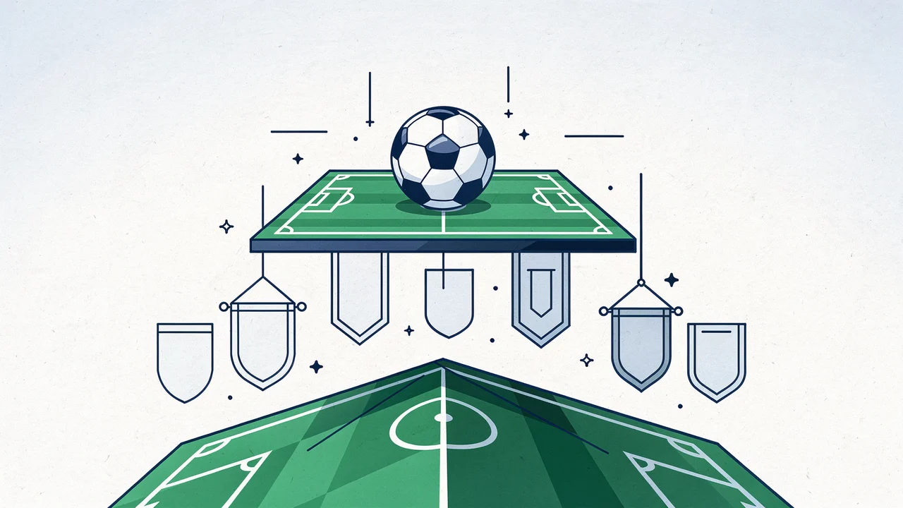A football sits on a raised pitch-shaped platform with blank pennants hanging beneath it, above an angular folded green pitch.