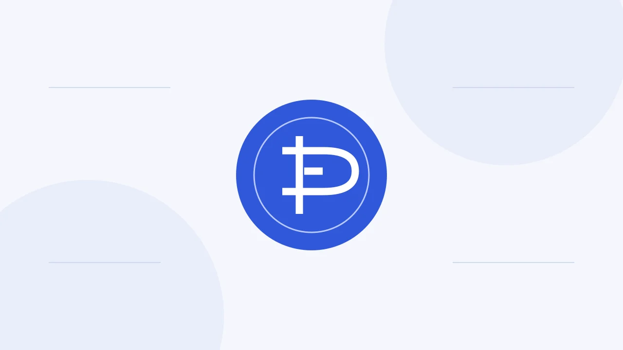 A blue coin with a stylized white symbol on a light background with pale circles and thin lines.