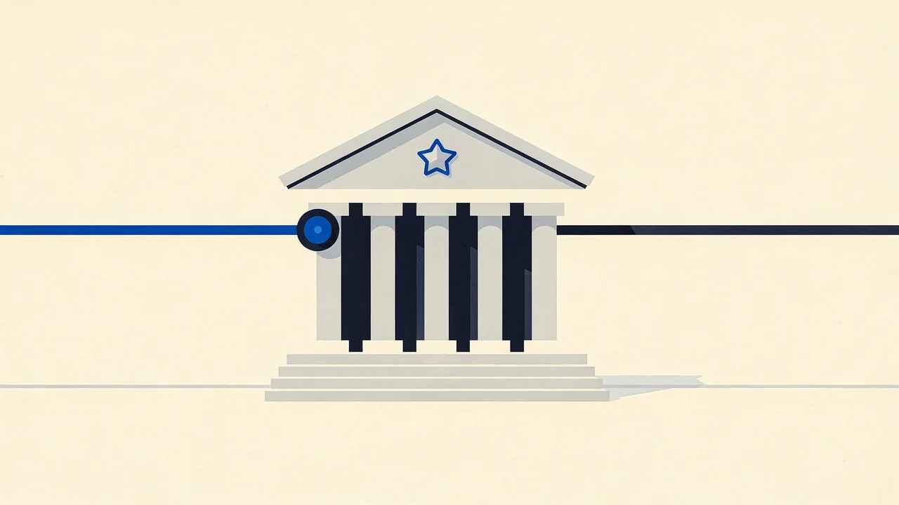 A stylized bank facade with columns and a star on its pediment against a light background. A blue circular marker sits on the upper horizontal line, with a thin gray line beneath the building.