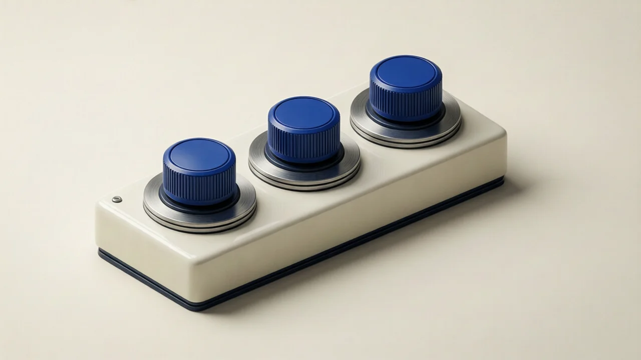 An ivory control console with three blue rotary knobs on metal collars, viewed at an angle against a pale background.